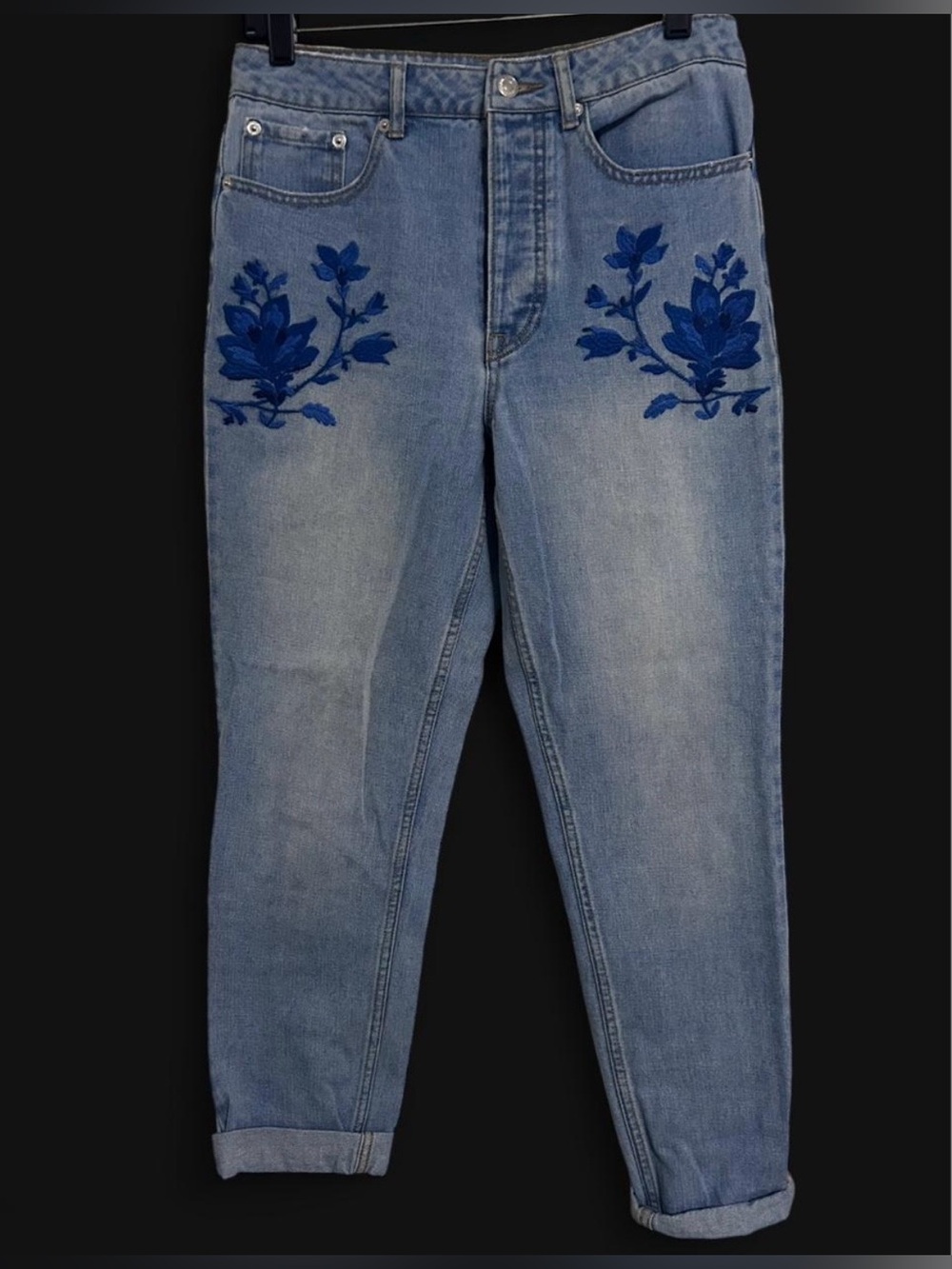 Forever 21 Blue Denim Mom Jeans with Blue Floral Embroidery